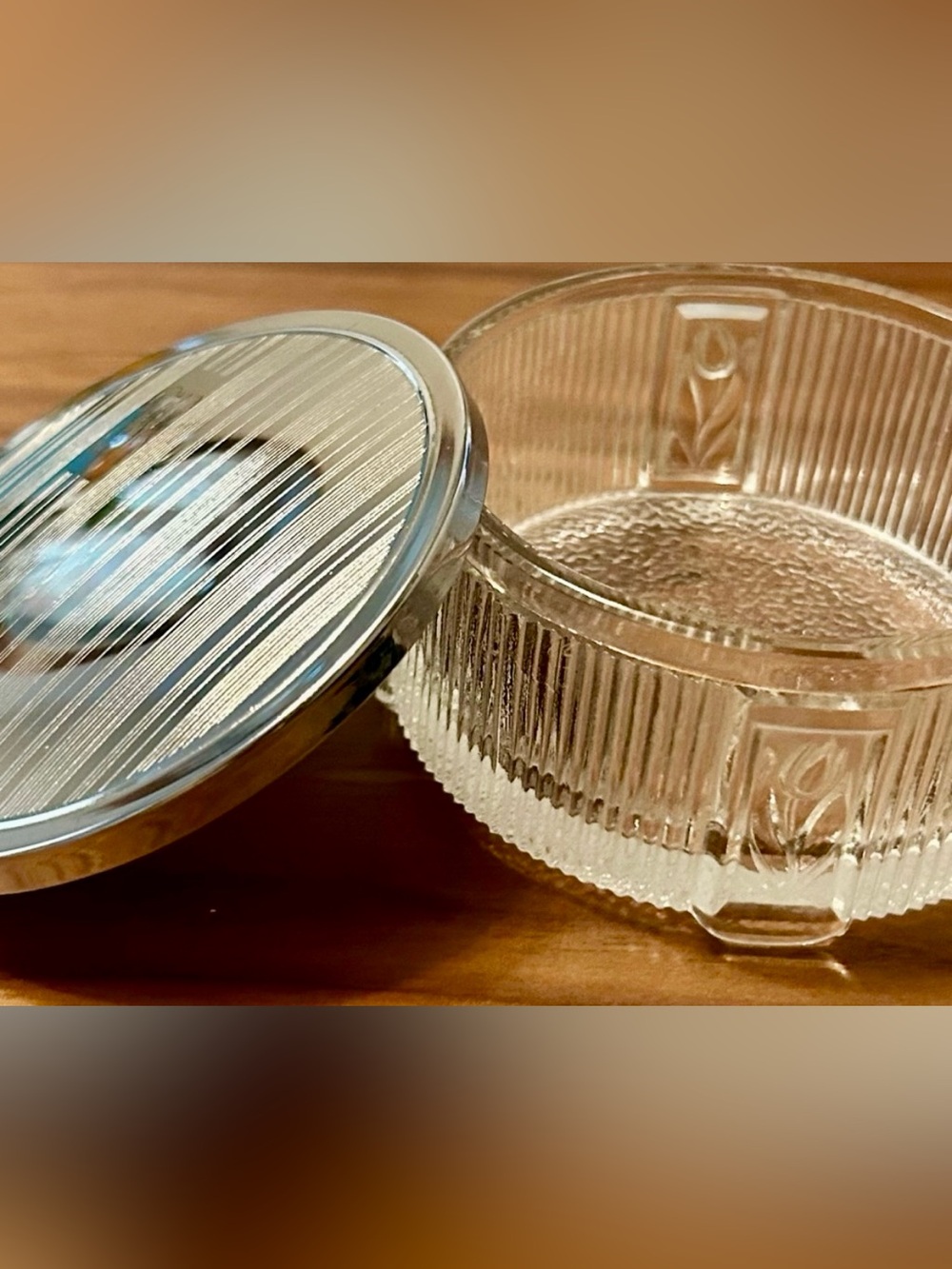 Vintage Ribbed Glass Trinket Box 
Silver Tone Lid  Monogram Vanity Jewelry Dish